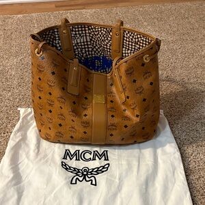 MCM Tan Visetos Logo Tote